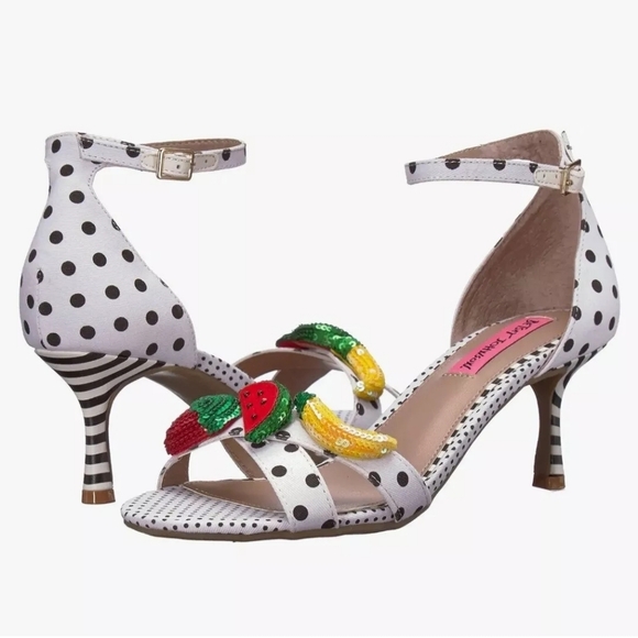 Betsey Johnson White Polka Dot Heels with Fruit Accents - Picture 2 of 9